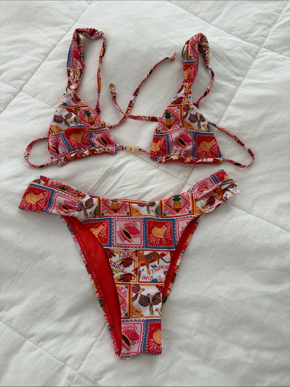 Red Tropical Print Triangle Bikini Set with Adjustable Straps
